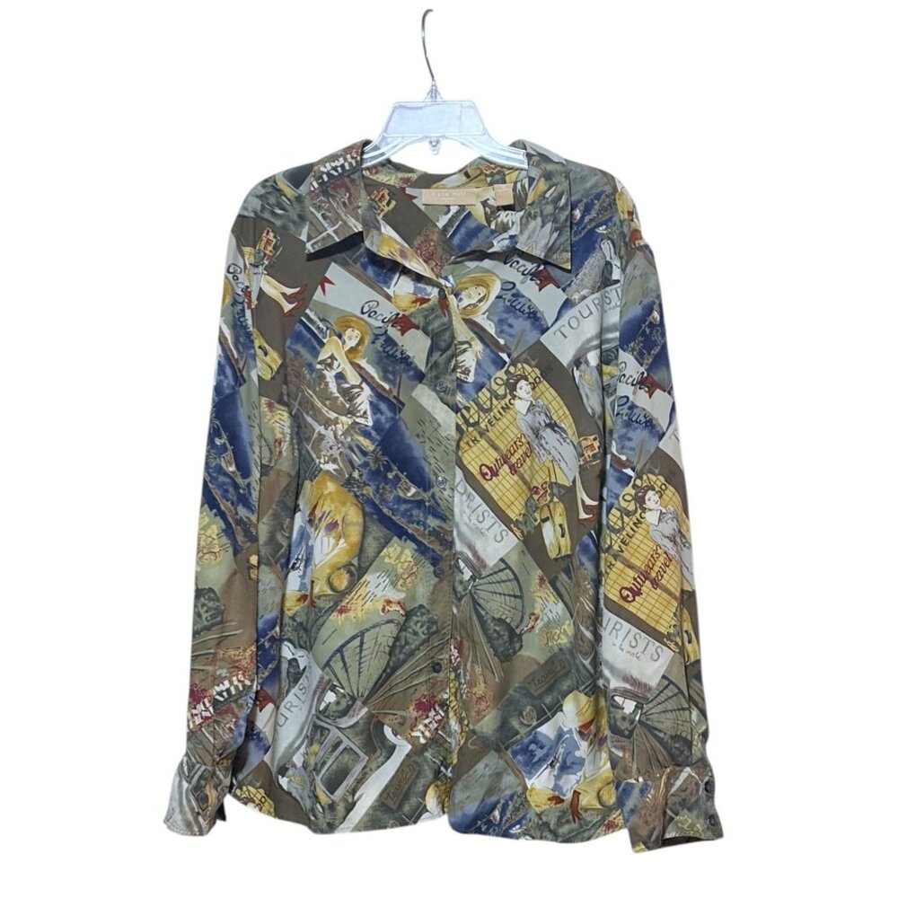 Y2k Kate Hill Blouse 3x Travel Trains Planes 1920s Graphic Lagenlook 100% Silk